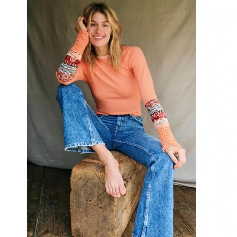 Free People In The Mix Jacquard Cuff Top In Desert Orange